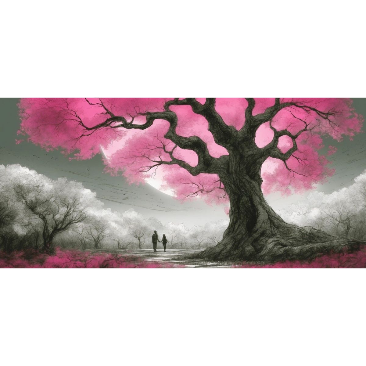 Quadro Botanico Albero Con Fiori Rosa E Coppia Al Tramonto bow1 quadro stampa su tela