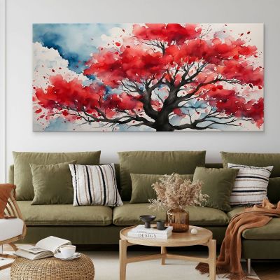 Quadro Botanico Albero Rosso Con Sfondo Acquerello Astratto bow4 quadro stampa su tela