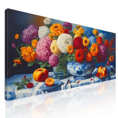 Quadro Botanico Bouquet Di Fiori Colorati E Frutta Fresca In Porcellana Blu bow6 quadro stampa su tela