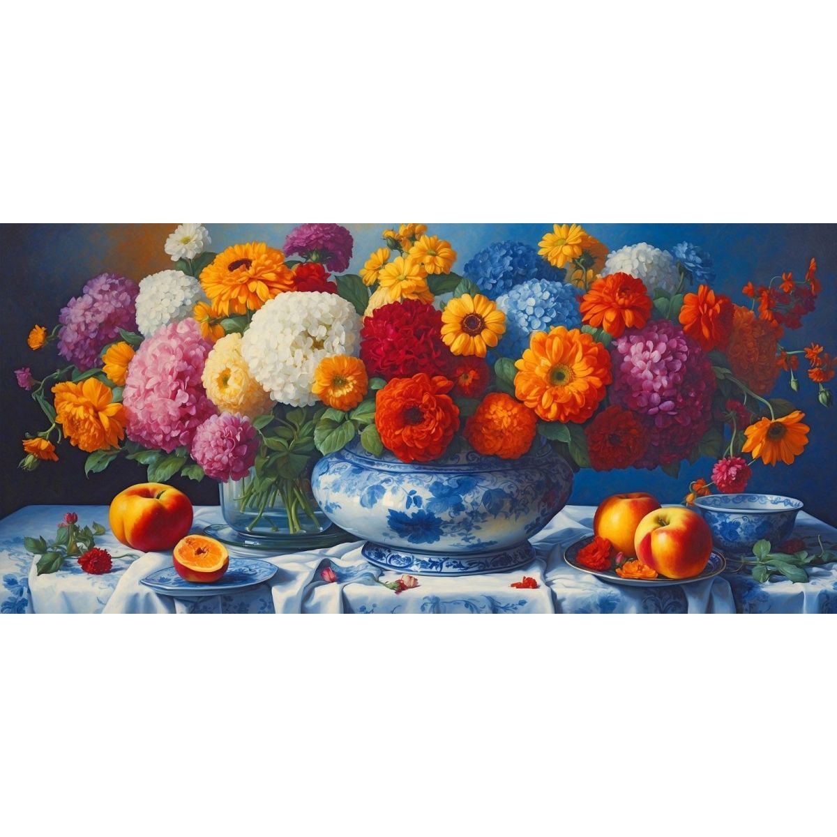 Quadro Botanico Bouquet Di Fiori Colorati E Frutta Fresca In Porcellana Blu bow6 quadro stampa su tela