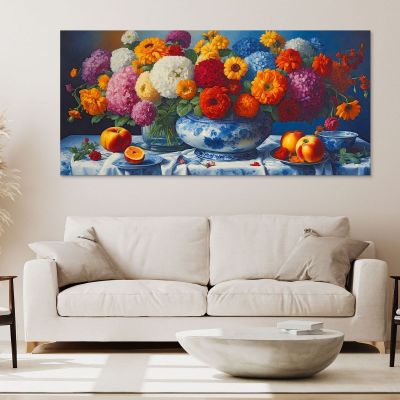 Quadro Botanico Bouquet Di Fiori Colorati E Frutta Fresca In Porcellana Blu bow6 quadro stampa su tela