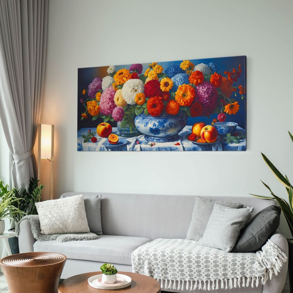 Quadro Botanico Bouquet Di Fiori Colorati E Frutta Fresca In Porcellana Blu bow6 quadro stampa su tela