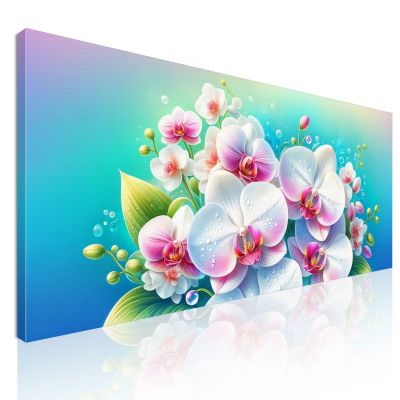 Quadro Botanico Bouquet Di Orchidee Bianche E Rosa Con Gocce D'Acqua bow7 quadro stampa su tela