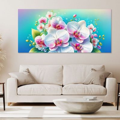 Quadro Botanico Bouquet Di Orchidee Bianche E Rosa Con Gocce D'Acqua bow7 quadro stampa su tela