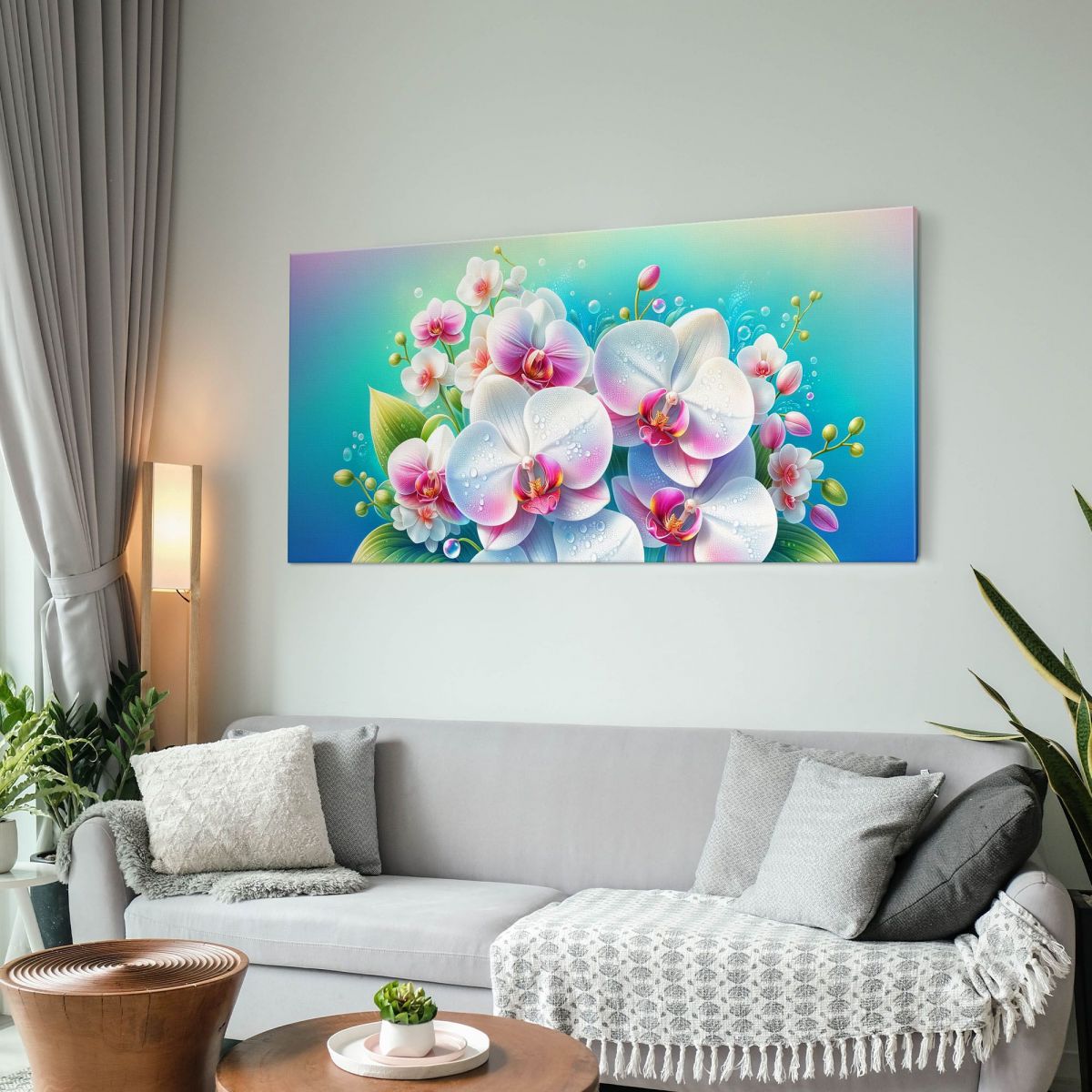 Quadro Botanico Bouquet Di Orchidee Bianche E Rosa Con Gocce D'Acqua bow7 quadro stampa su tela