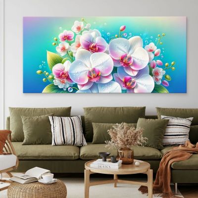 Quadro Botanico Bouquet Di Orchidee Bianche E Rosa Con Gocce D'Acqua bow7 quadro stampa su tela