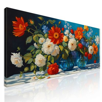 Quadro Botanico Composizione Di Fiori Vivaci In Vasi Di Vetro Blu bow13 quadro stampa su tela