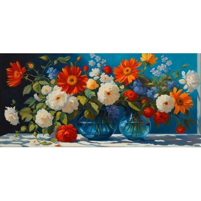 Quadro Botanico Composizione Di Fiori Vivaci In Vasi Di Vetro Blu bow13 quadro stampa su tela