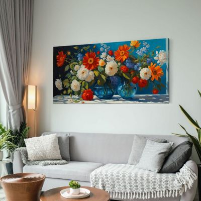 Quadro Botanico Composizione Di Fiori Vivaci In Vasi Di Vetro Blu bow13 quadro stampa su tela