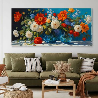 Quadro Botanico Composizione Di Fiori Vivaci In Vasi Di Vetro Blu bow13 quadro stampa su tela