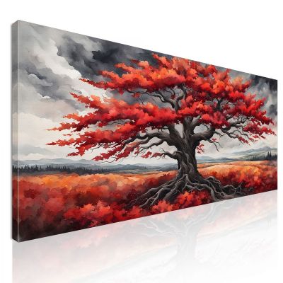 Quadro Botanico Grande Albero Con Foglie Rosse Su Sfondo Di Cielo Grigio bow18 quadro stampa su tela