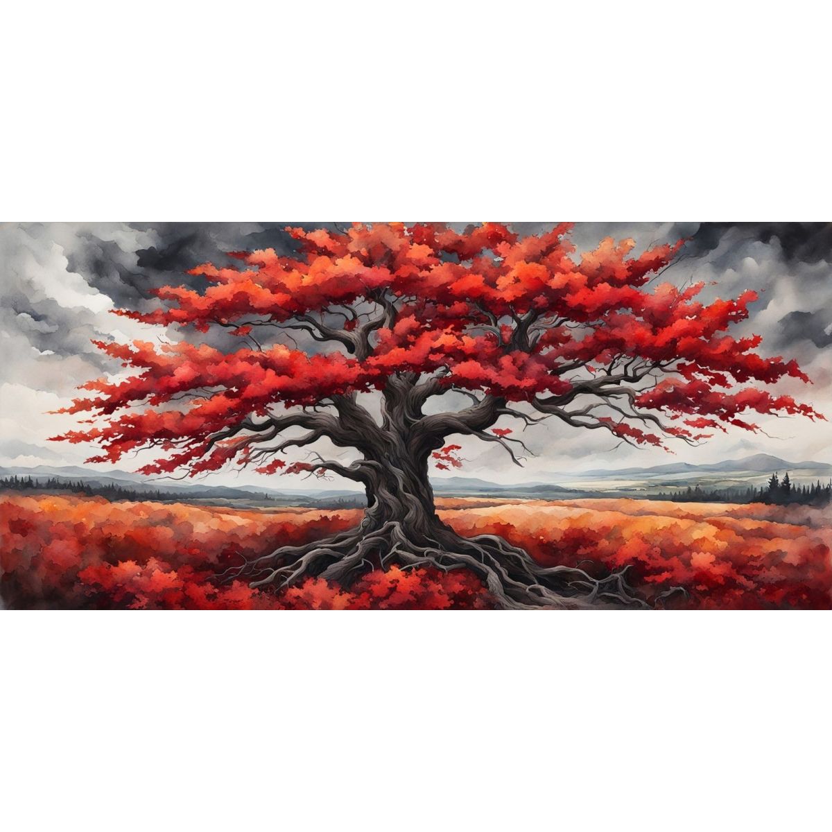 Quadro Botanico Grande Albero Con Foglie Rosse Su Sfondo Di Cielo Grigio bow18 quadro stampa su tela