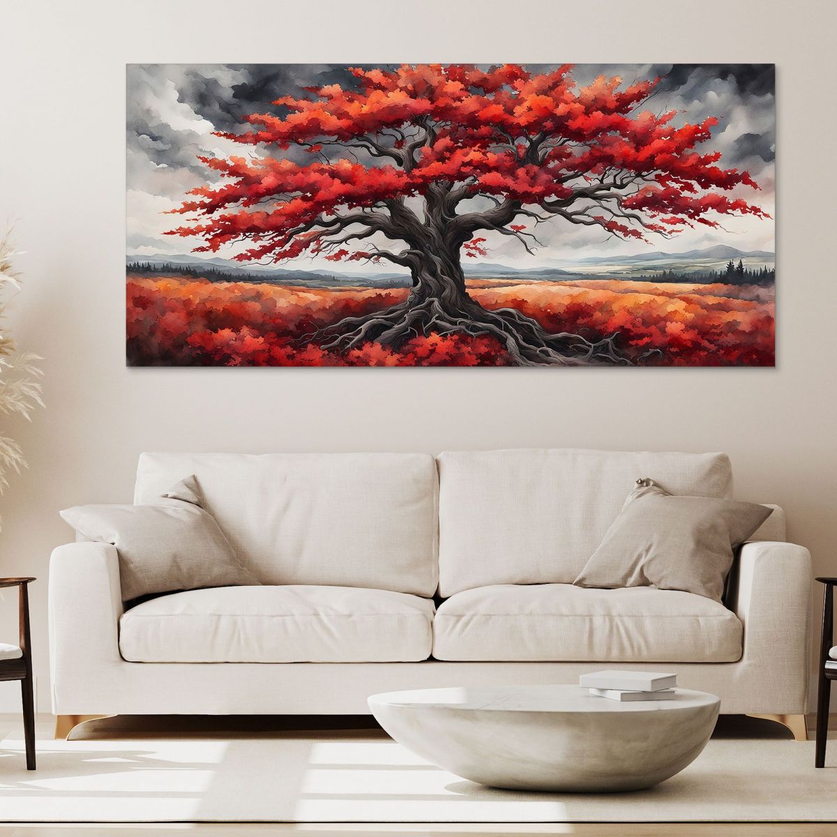 Quadro Botanico Grande Albero Con Foglie Rosse Su Sfondo Di Cielo Grigio bow18 quadro stampa su tela