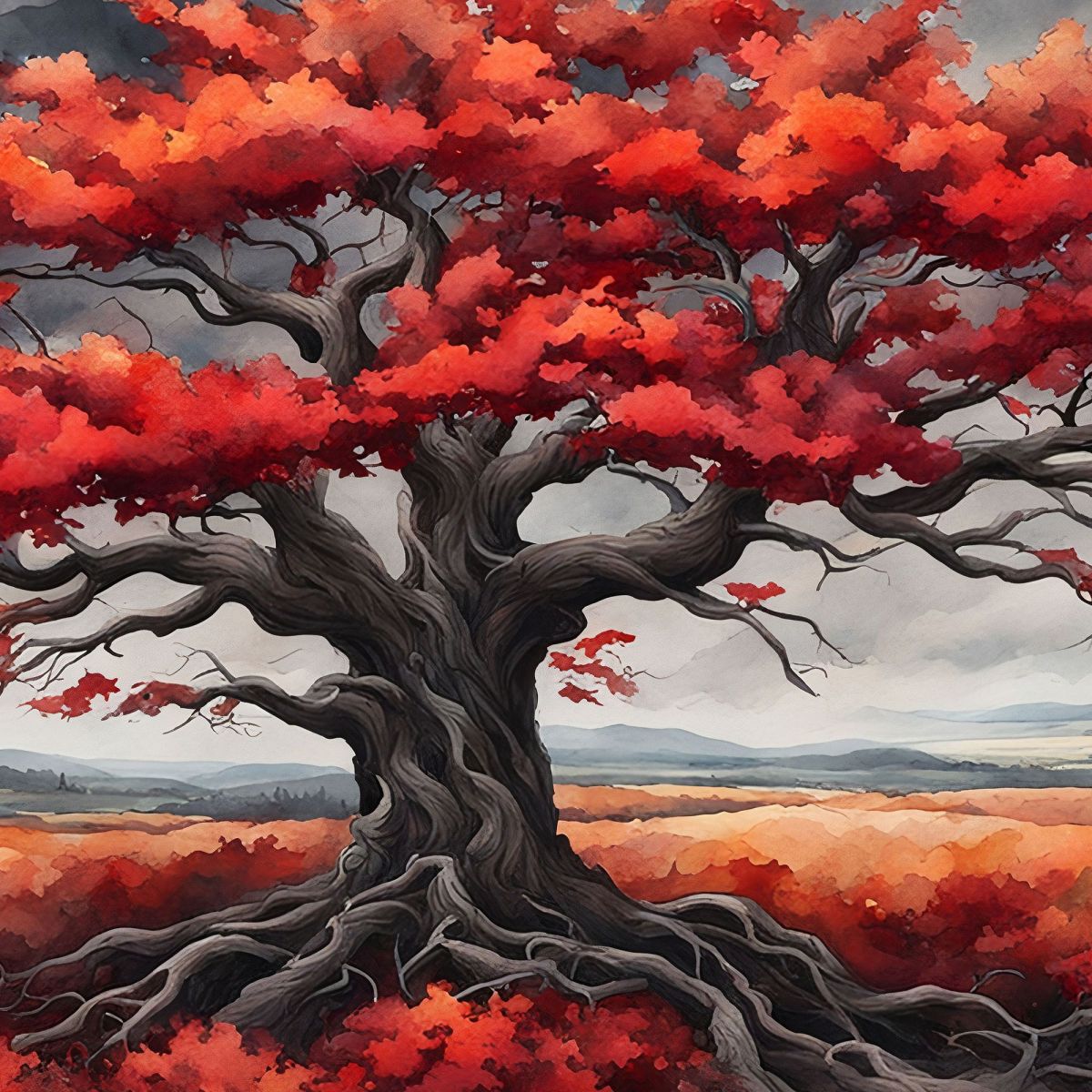 Quadro Botanico Grande Albero Con Foglie Rosse Su Sfondo Di Cielo Grigio bow18 quadro stampa su tela