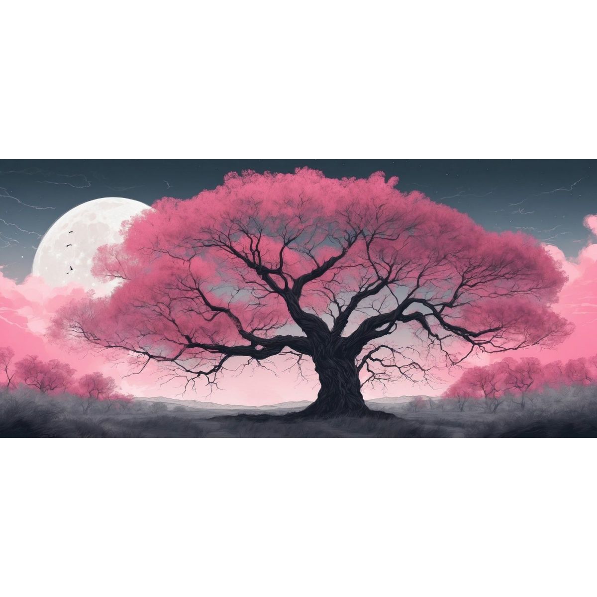 Quadro Botanico Grande Albero Rosa Illuminato Dalla Luna bow19 quadro stampa su tela