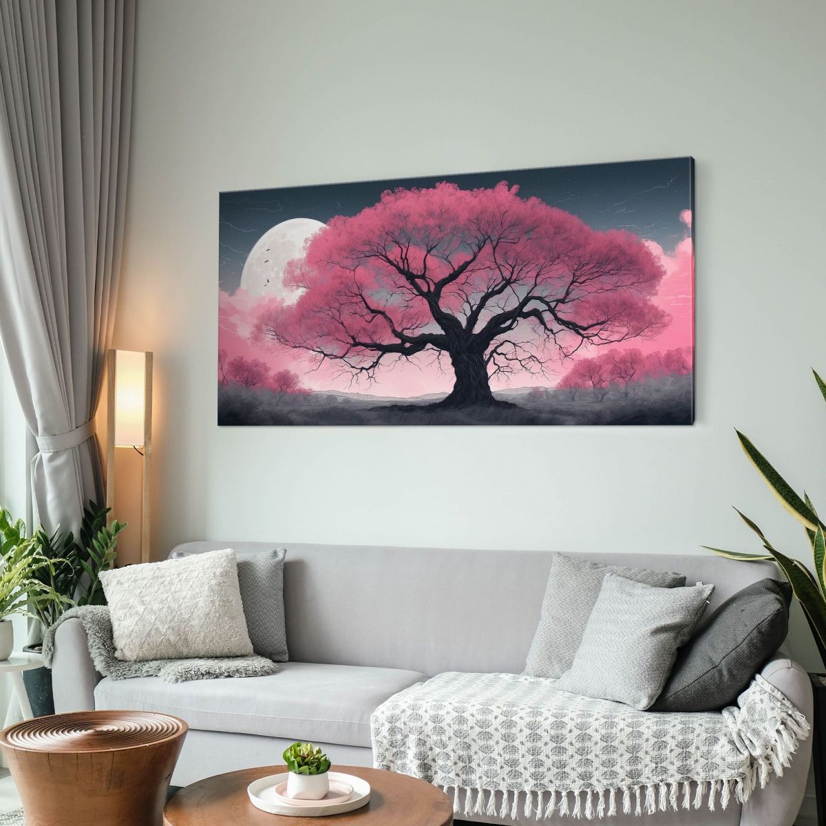 Quadro Botanico Grande Albero Rosa Illuminato Dalla Luna bow19 quadro stampa su tela