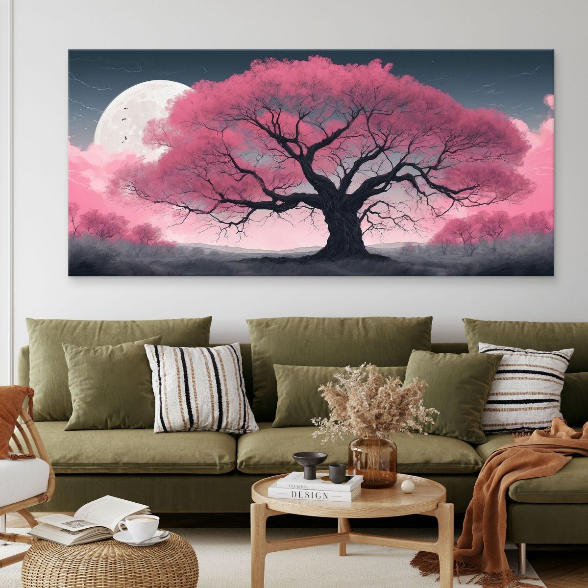 Quadro Botanico Grande Albero Rosa Illuminato Dalla Luna bow19 quadro stampa su tela