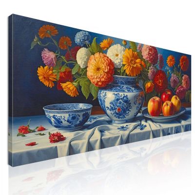 Quadro Botanico Natura Morta Con Fiori Colorati E Mele In Vaso Di Porcellana bow20 quadro stampa su tela