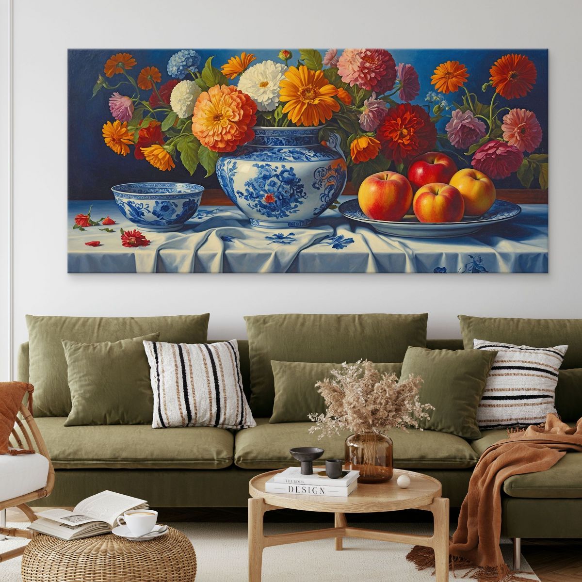 Quadro Botanico Natura Morta Con Fiori Colorati E Mele In Vaso Di Porcellana bow20 quadro stampa su tela