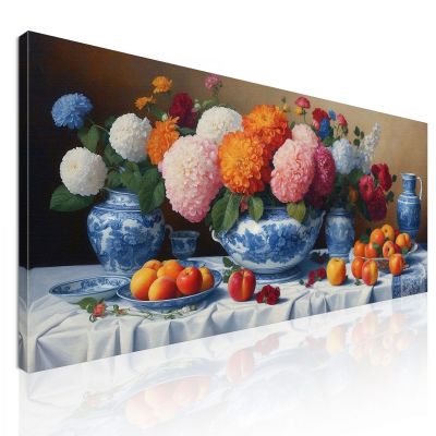 Quadro Botanico Natura Morta Con Fiori E Frutta In Vasi Di Porcellana Blu bow21 quadro stampa su tela