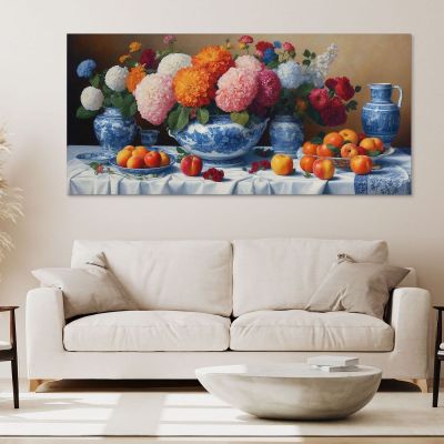 Quadro Botanico Natura Morta Con Fiori E Frutta In Vasi Di Porcellana Blu bow21 quadro stampa su tela