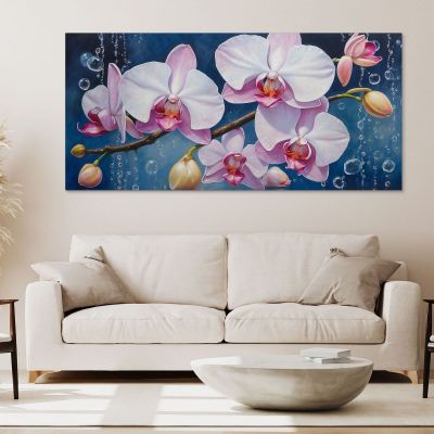 Quadro Botanico Orchidee Bianche E Rosa Con Bolle Su Sfondo Blu bow23 quadro stampa su tela