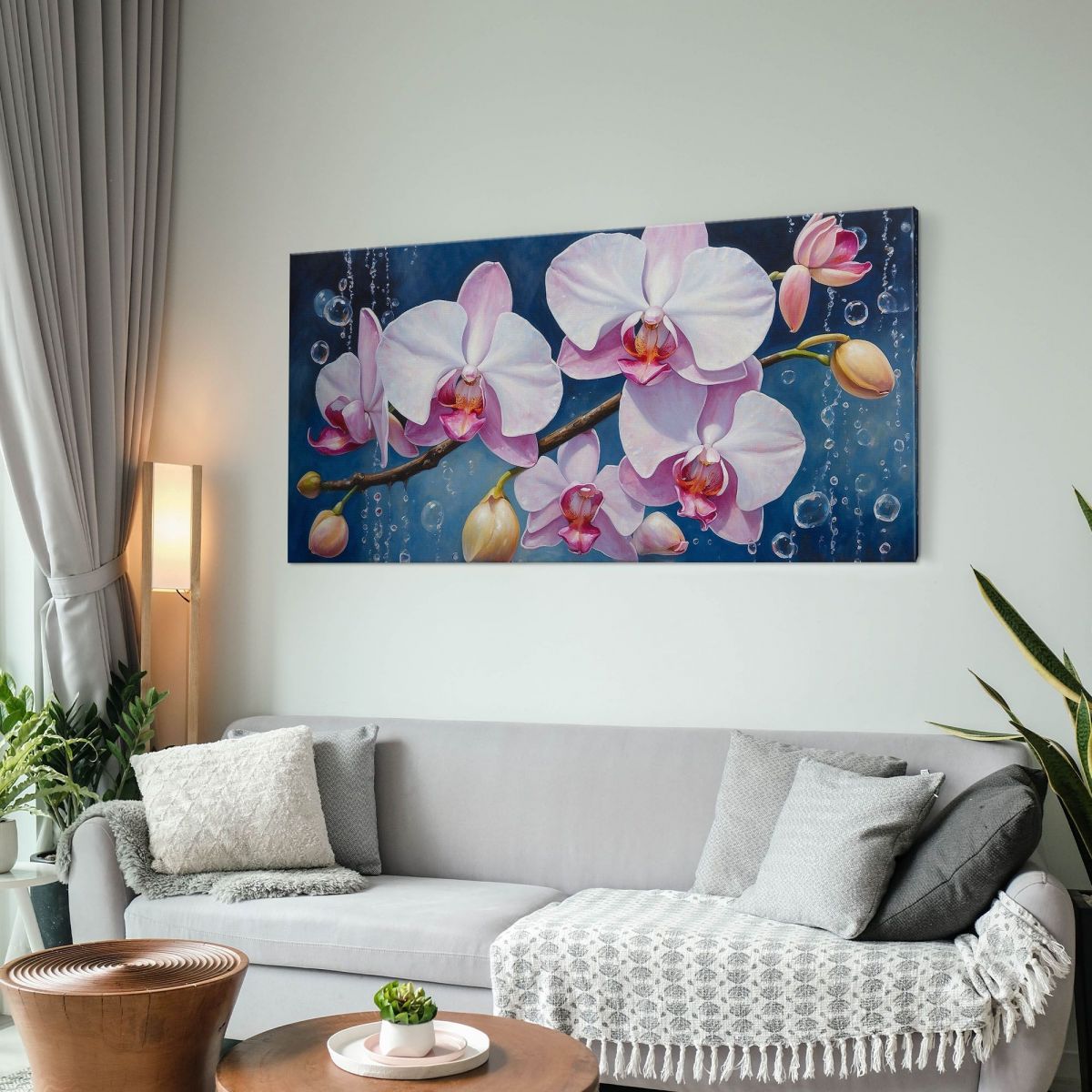 Quadro Botanico Orchidee Bianche E Rosa Con Bolle Su Sfondo Blu bow23 quadro stampa su tela