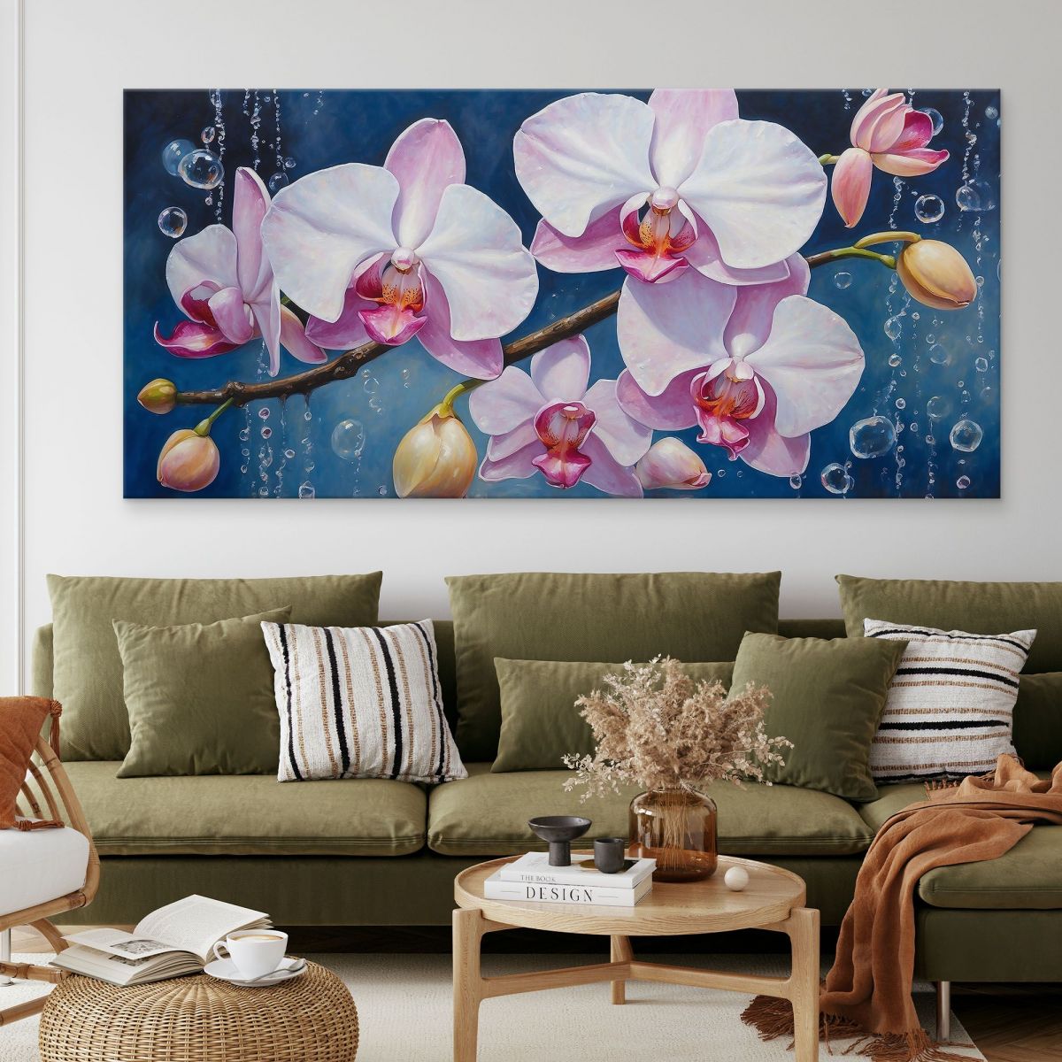 Quadro Botanico Orchidee Bianche E Rosa Con Bolle Su Sfondo Blu bow23 quadro stampa su tela