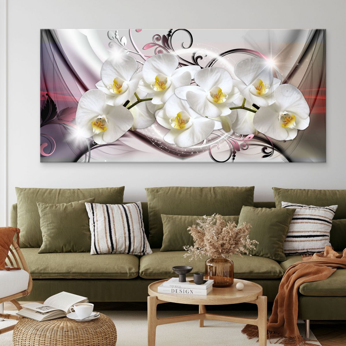 Quadro Botanico Orchidee Bianche Su Sfondo Astratto Motivo Floreale bow25 quadro stampa su tela