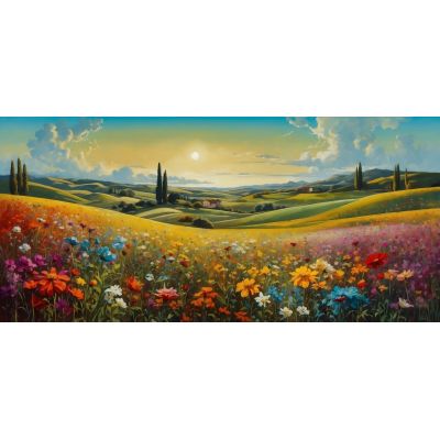 Quadro Botanico Paesaggio Di Campo Fiorito Al Tramonto bow27 quadro stampa su tela