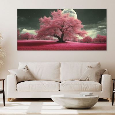 Quadro Botanico Paesaggio Notturno Con Alberi Rosa E Luna Piena Fantasy bow29 quadro stampa su tela