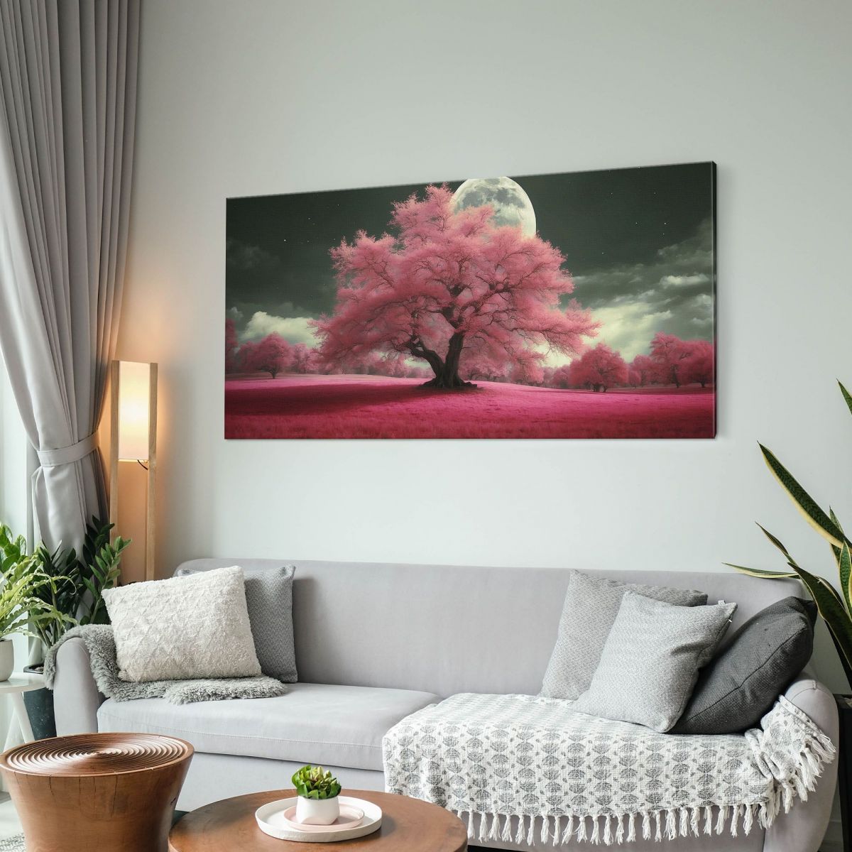 Quadro Botanico Paesaggio Notturno Con Alberi Rosa E Luna Piena Fantasy bow29 quadro stampa su tela