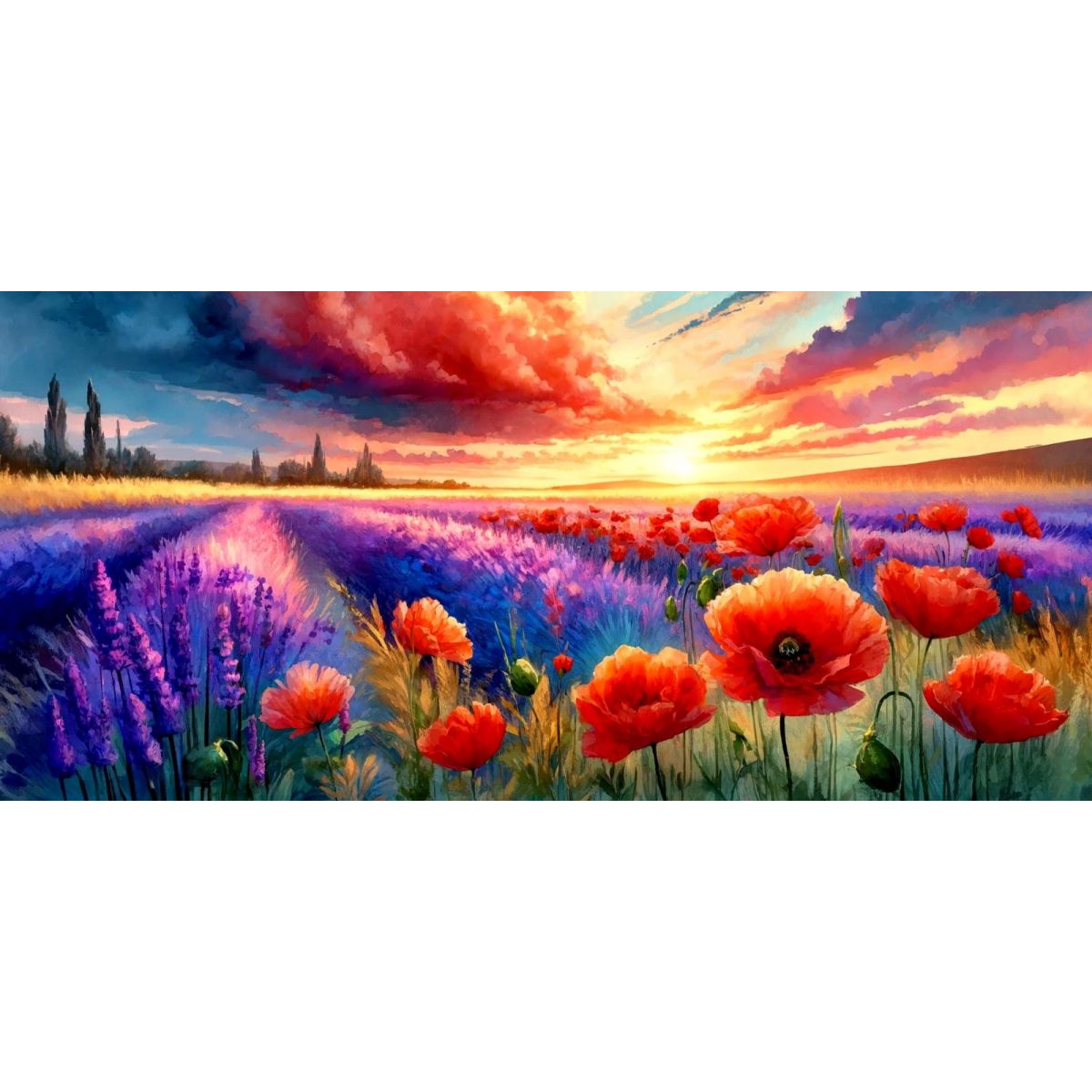 Quadro Botanico Papaveri E Lavanda Al Tramonto bow32 quadro stampa su tela