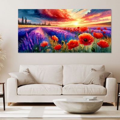 Quadro Botanico Papaveri E Lavanda Al Tramonto bow32 quadro stampa su tela