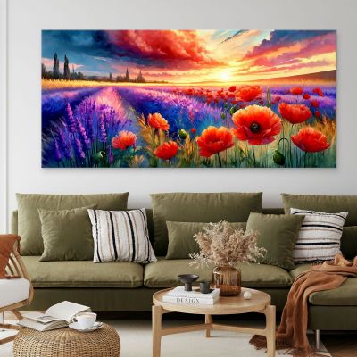 Quadro Botanico Papaveri E Lavanda Al Tramonto bow32 quadro stampa su tela