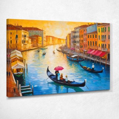 Quadro Moderno Città Astratto Atmosfera Veneziana Al Tramonto Con Gondole E Canali ct2 quadro stampa su tela