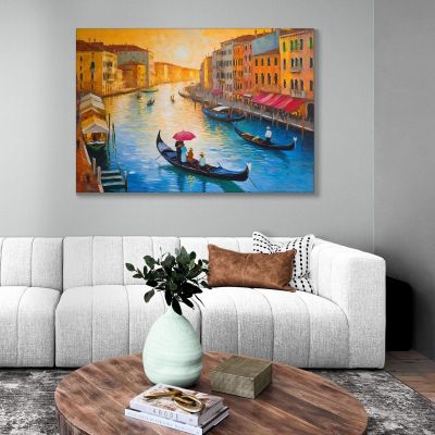 Quadro Moderno Città Astratto Atmosfera Veneziana Al Tramonto Con Gondole E Canali ct2 quadro stampa su tela