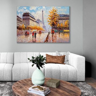 Quadro Moderno Città Astratto Autunno A Parigi Con Vista Sulla Torre Eiffel E Ombrelli Colorati ct3 quadro stampa su tela