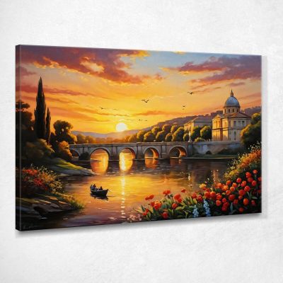 Quadro Moderno Città Astratto Barca Sul Fiume Al Tramonto Con Vista Su Un Ponte A Roma ct4 quadro stampa su tela