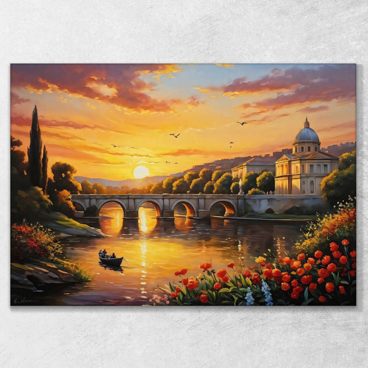 Quadro Moderno Città Astratto Barca Sul Fiume Al Tramonto Con Vista Su Un Ponte A Roma ct4 quadro stampa su tela