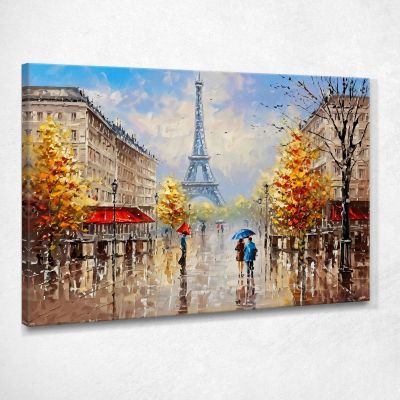 Quadro Moderno Città Astratto Coppia Con Ombrello Passeggia A Parigi Con Vista Sulla Torre Eiffel ct6 quadro stampa su tela