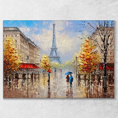 Quadro Moderno Città Astratto Coppia Con Ombrello Passeggia A Parigi Con Vista Sulla Torre Eiffel ct6 quadro stampa su tela