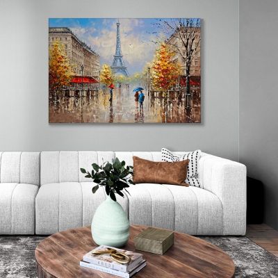 Quadro Moderno Città Astratto Coppia Con Ombrello Passeggia A Parigi Con Vista Sulla Torre Eiffel ct6 quadro stampa su tela