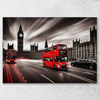 Quadro Moderno Città Astratto Iconici Autobus Rossi Di Londra Davanti A Big Ben E Parlamento ct12 quadro stampa su tela