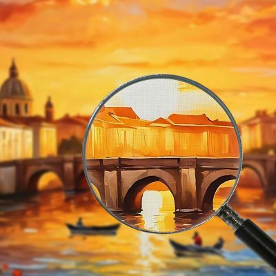 Quadro Moderno Città Astratto Incantevole Tramonto Cittadino Su Fiume Con Barca E Ponte Antico ct13 quadro stampa su tela