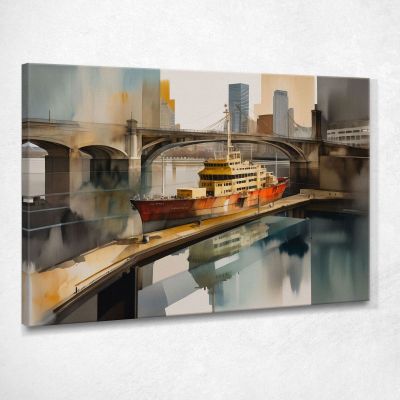 Quadro Moderno Città Astratto Nave Ancorata Sotto I Ponti Di Una Città Moderna ct15 quadro stampa su tela