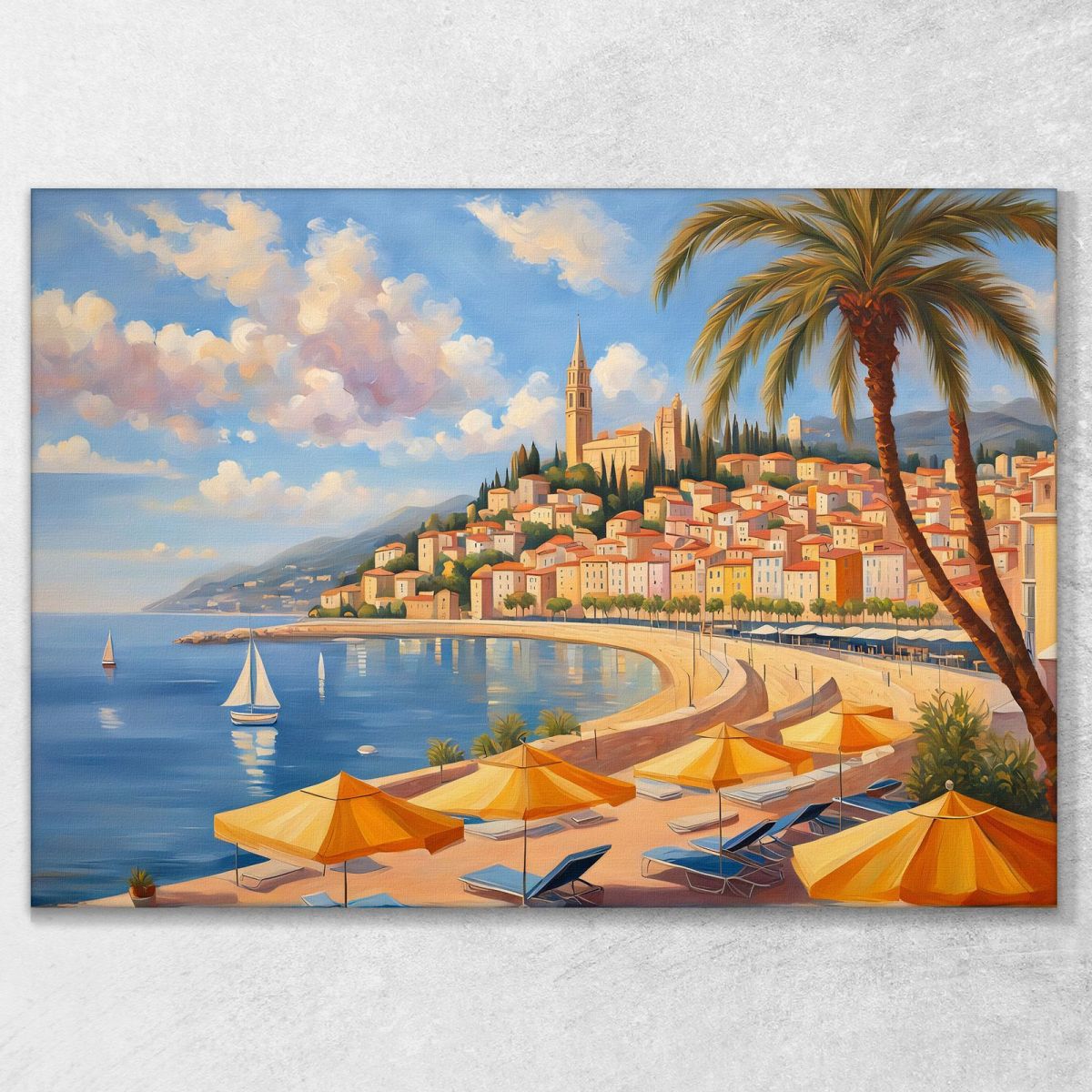 Quadro Moderno Città Astratto Panorama Incantevole Di Mentone Colline Colorate E Mare Blu ct19 quadro stampa su tela