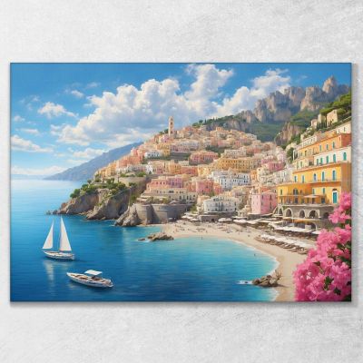 Quadro Moderno Città Astratto Panoramica Della Costiera Amalfitana Con Case Colorate E Mare ct20 quadro stampa su tela