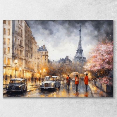 Quadro Moderno Città Astratto Persone In Cappotti Rossi Tra Le Luci Di Parigi E Torre Eiffel ct23 quadro stampa su tela