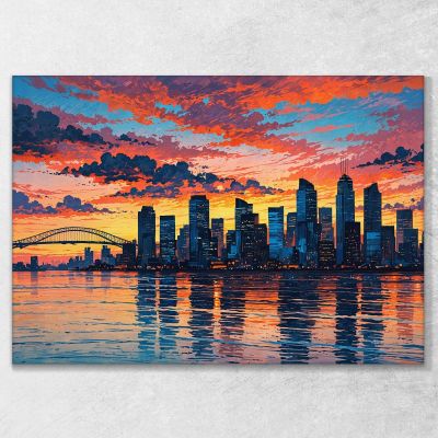 Quadro Moderno Città Astratto Skyline Astratto Al Tramonto Con Grattacieli E Ponte ct25 quadro stampa su tela